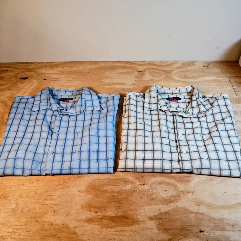 Lot 2 Puritan Mens XL 46-48 Short Sleeve Button Down Shirts Plaid Poly Blue Gray